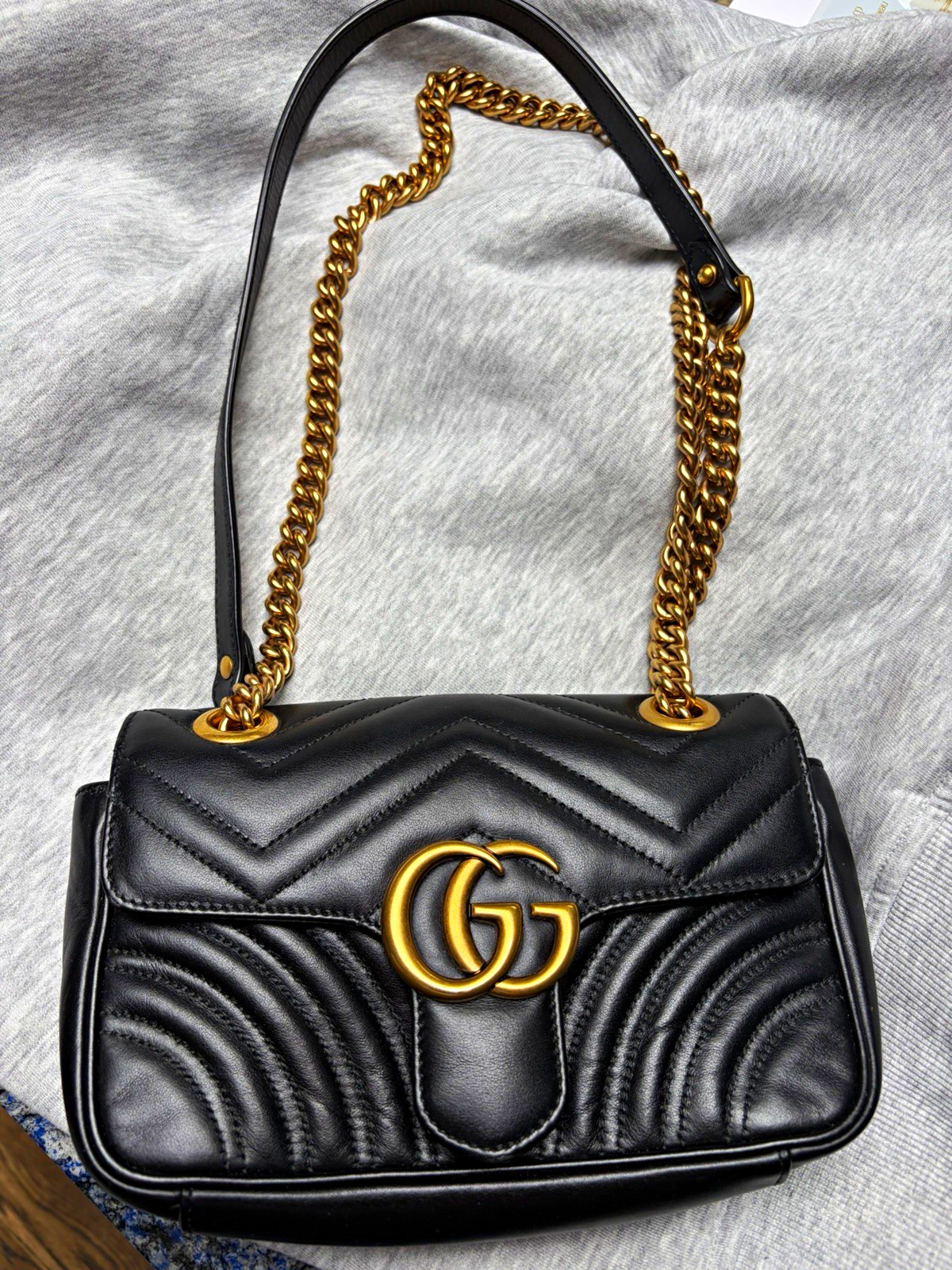 Gucci GG Marmont Matelassé Shoulder Bag Black Leather Antique Gold
