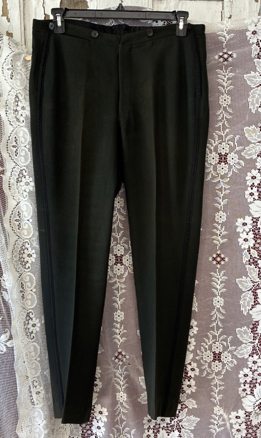Antique Edwardian Era Men\'s Green Wool Tuxedo Pants w Braid Trim 36X32