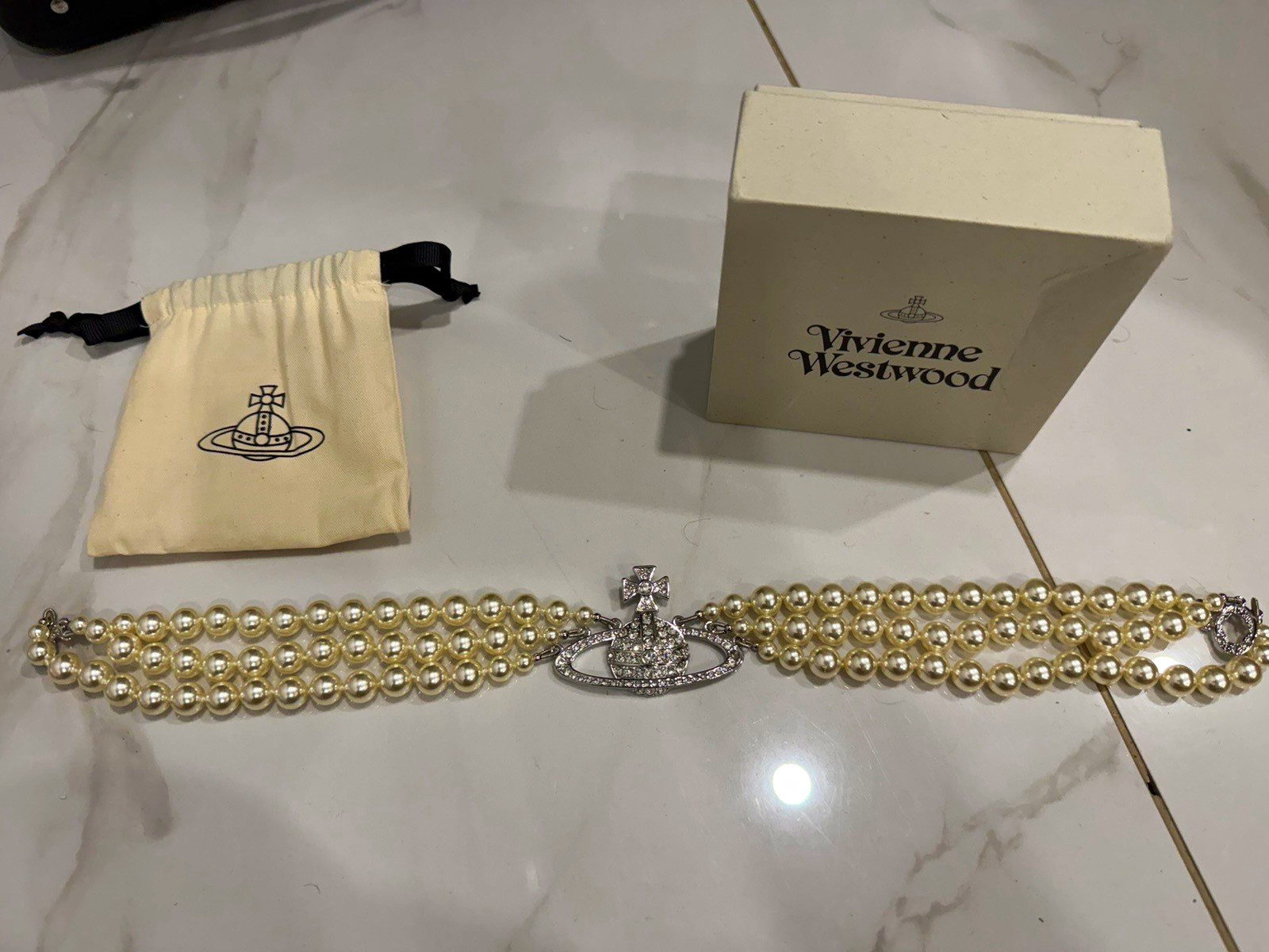 Vivienne Westwood Faux Pearl Choker Necklace Crystal Orb Charm, Signed