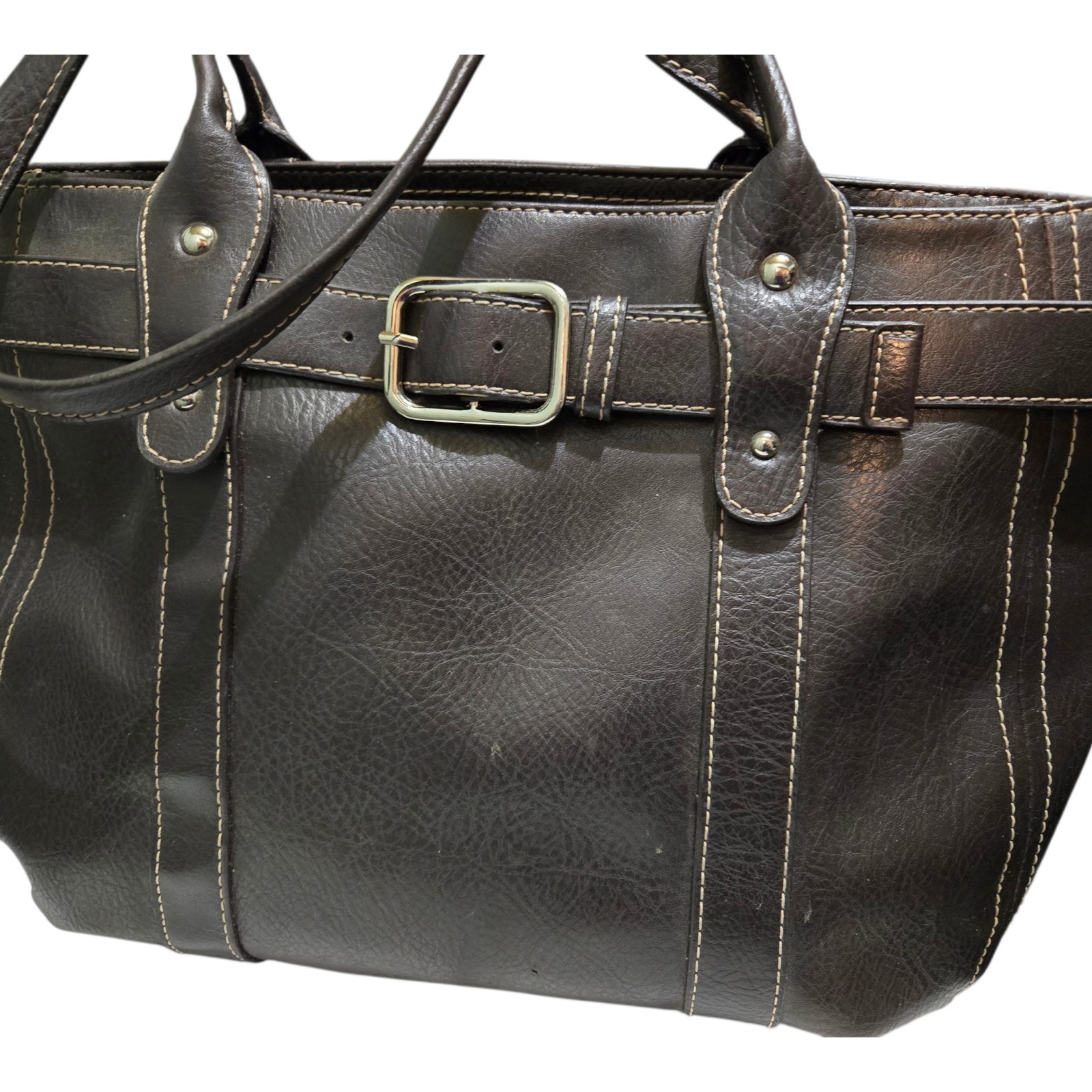 Villager by Liz Claiborne Brown Leather Tote Shoulder Bag Buckle Detail