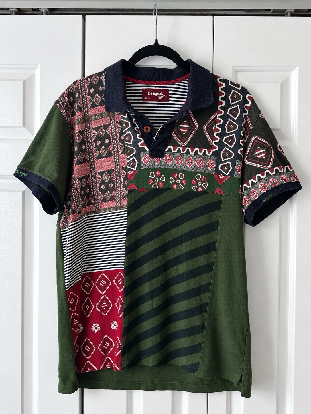 Retro Desigual Men’s Large Patchwork Polo Shirt Green Red Geometric Print