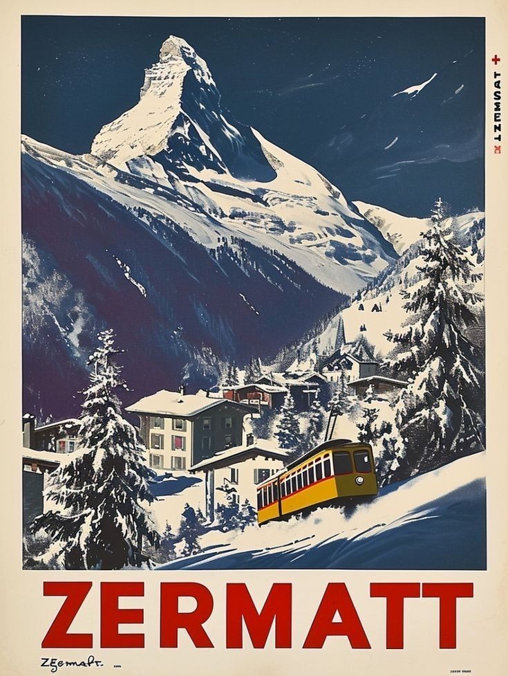 Zermatt Switzerland Vintage Alpine Mountain Travel Poster