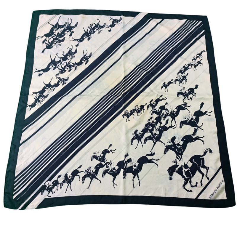 Rare Hermès Les Courses Carré 90 Silk Scarf Y.B. Gironière Equestrian Black Whit