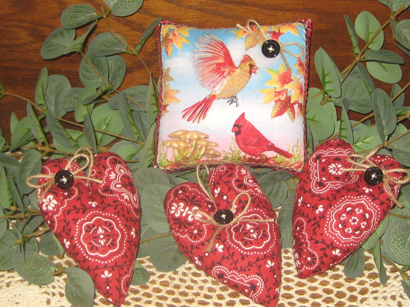 Fall Country Cardinal Fabric Sign 3 Hearts Bowl Fillers Handmade Wreath Accents