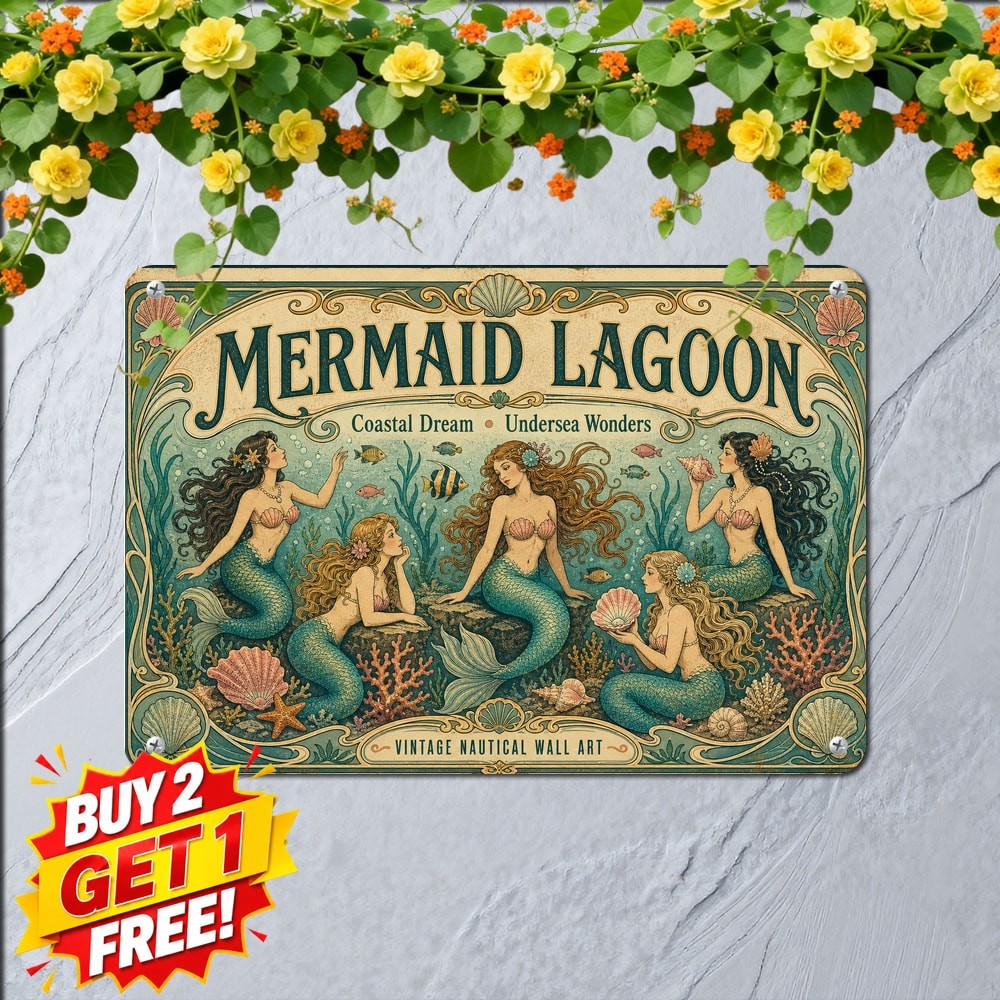 Waterproof Weatherproof Coastal Wall Art Mermaid Metal Tin Sign