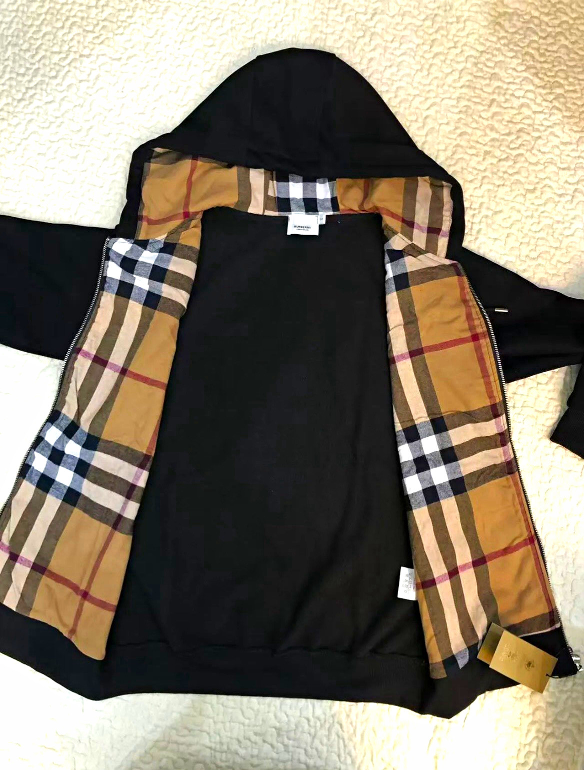 Burberry Men\'s Black Full Zip Hooded Fleece Hoodie Check Lined Pockets S Burberry Men\'s Black Full Zip Hooded Fleece Hoodie Check Lined Pockets S