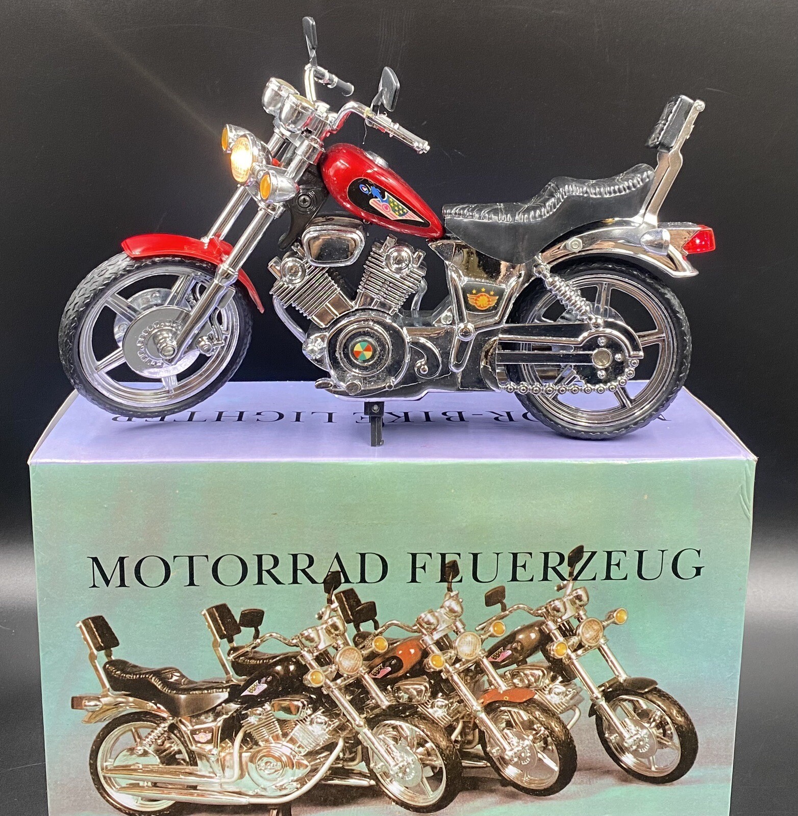 VTG STYLE NOVELTY MOTORCYCLE REFILLABLE BUTANE LIGHTER 10” x 7” W/ Box Red VTG STYLE NOVELTY MOTORCYCLE REFILLABLE BUTANE LIGHTER 10” x 7” W/ Box Red