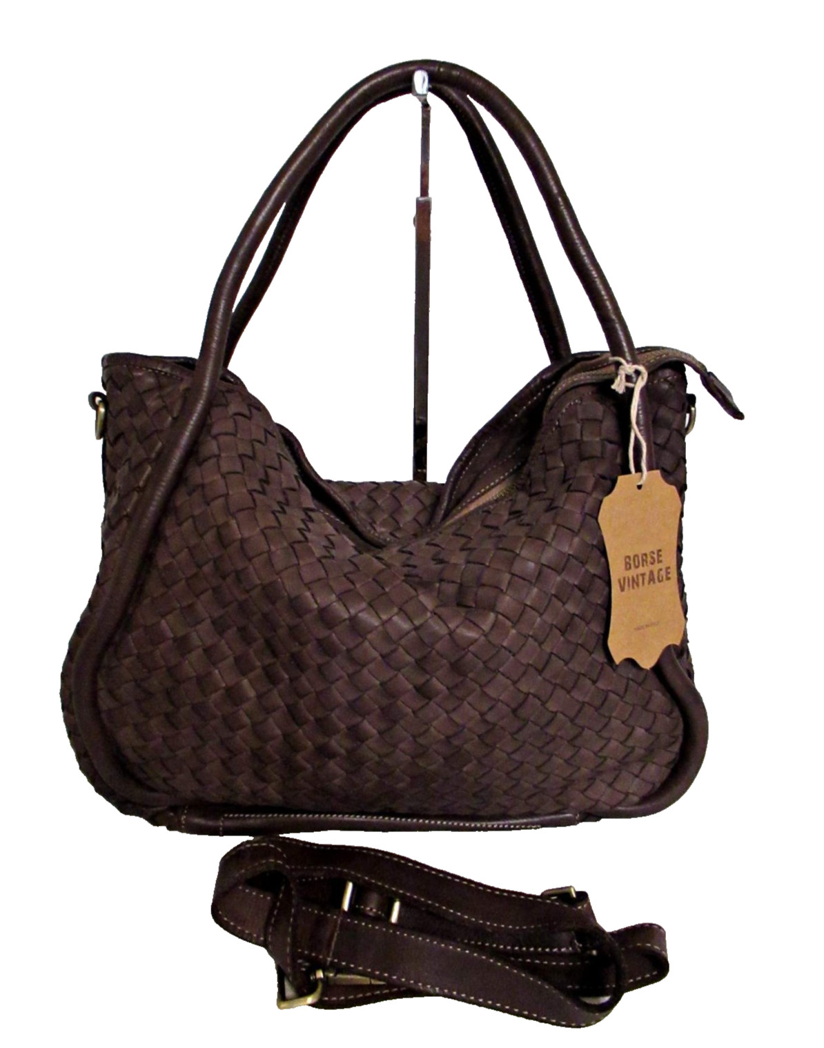 ITALIAN HAND WOVEN GENUINE WASHED LEATHER HANDBAG SATCHEL BAG - MADE IN ITALY
