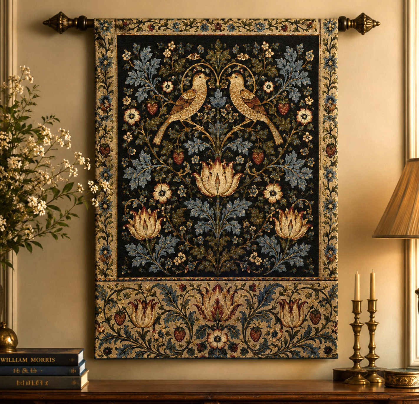 William Morris Strawberry Thief Woven Tapestry 5 - Arts & Crafts Wall Hanging De