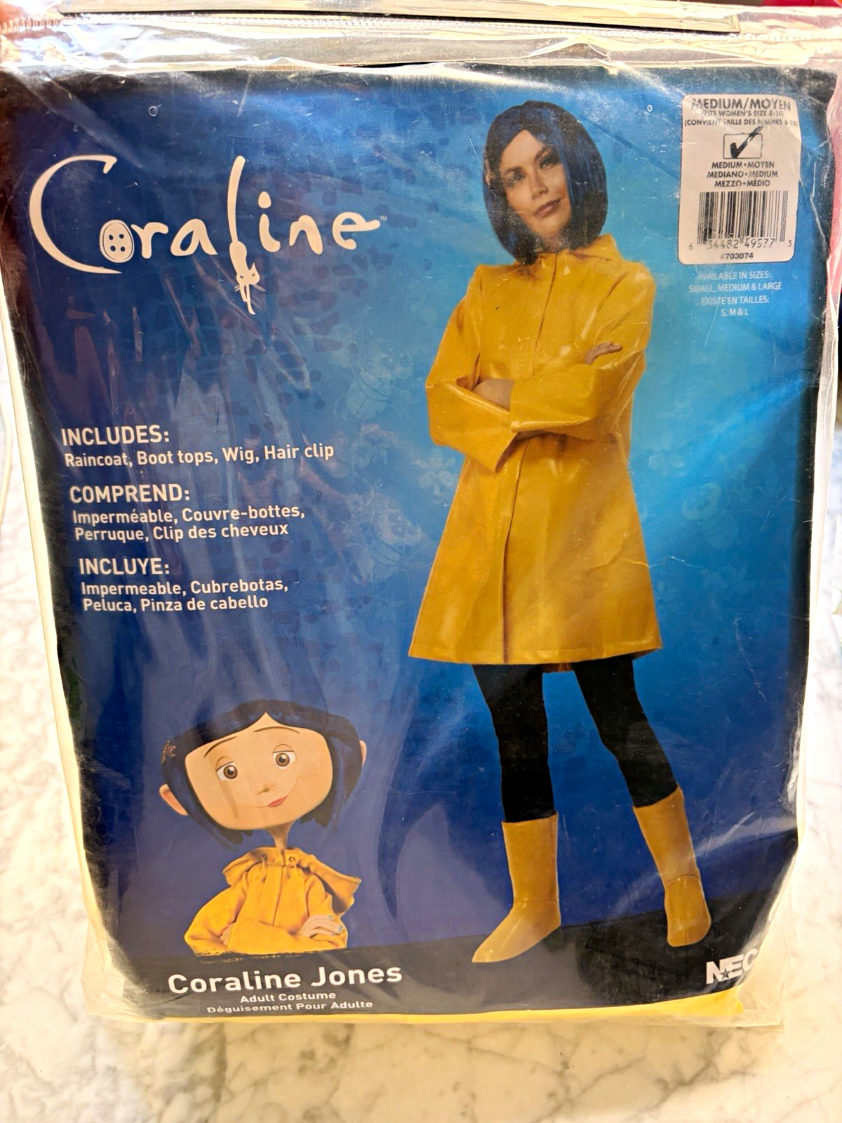 NECA Coraline Jones Adult Costume Complete Outfit w/ Wig, Size M, Yellow/Blue
