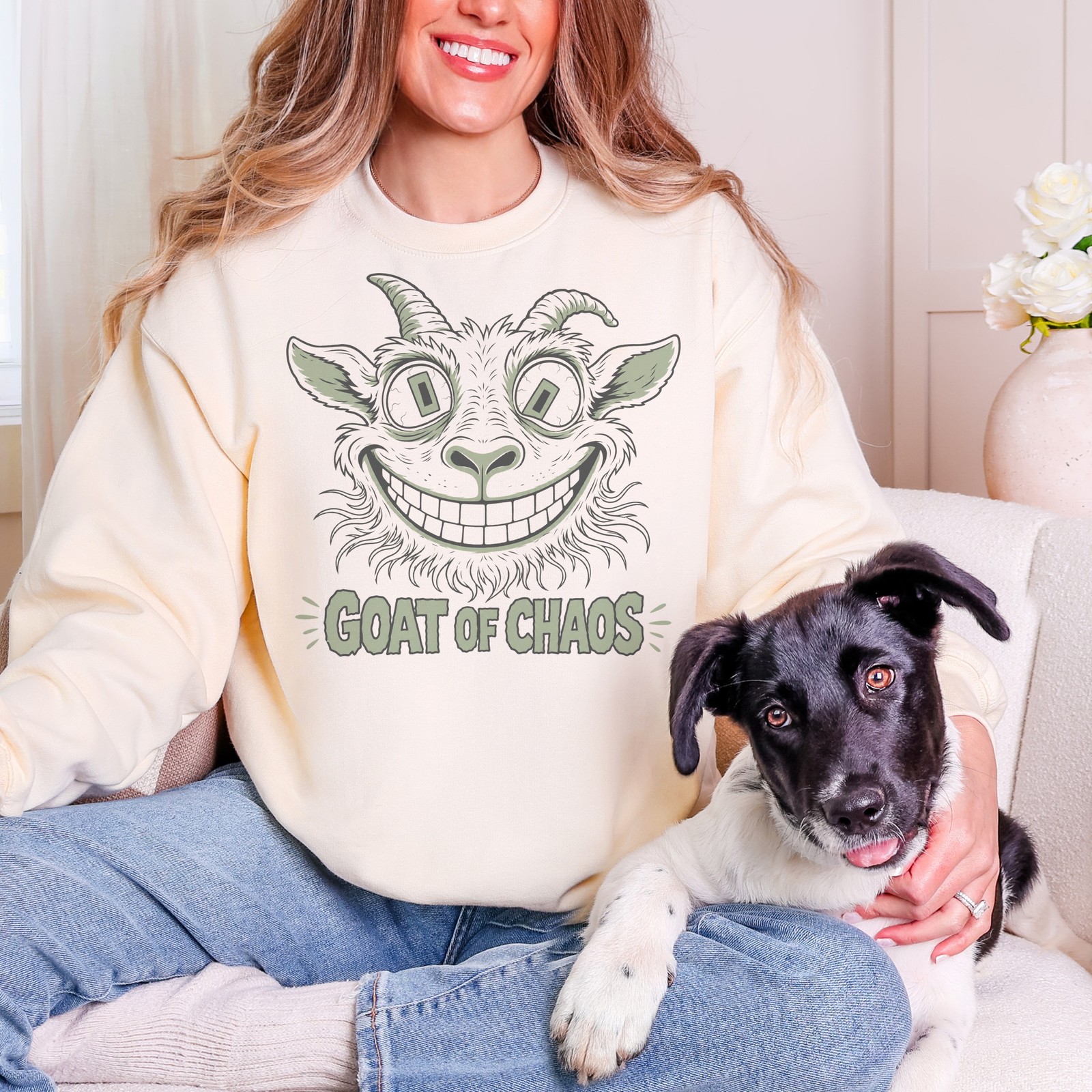 Goat of Chaos Grinning Cartoon Goat Sweatshirt