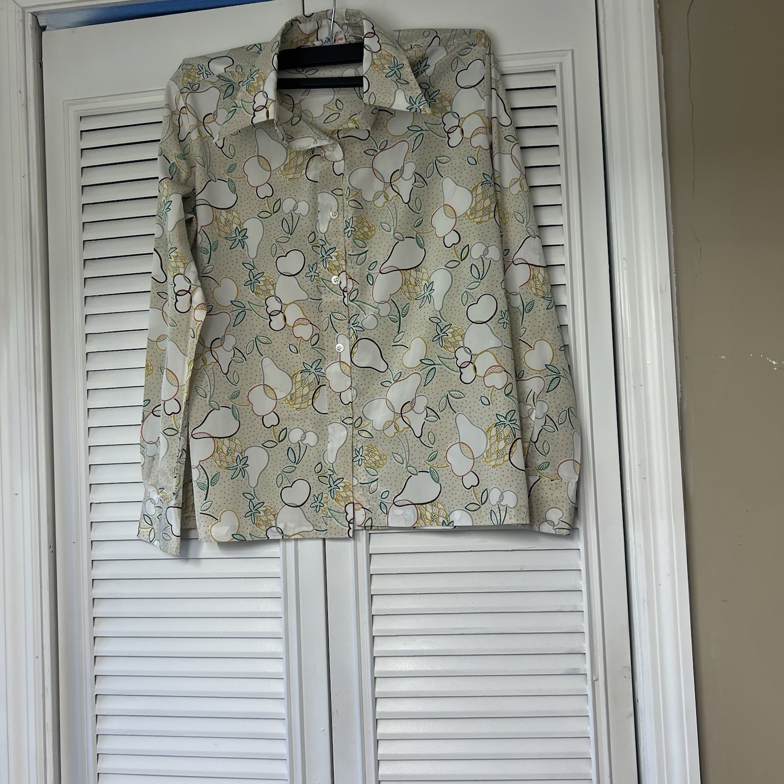 Vintage Long Sleeve  Button Up Pear Blouse Lady Manhattan  70s  Print Large