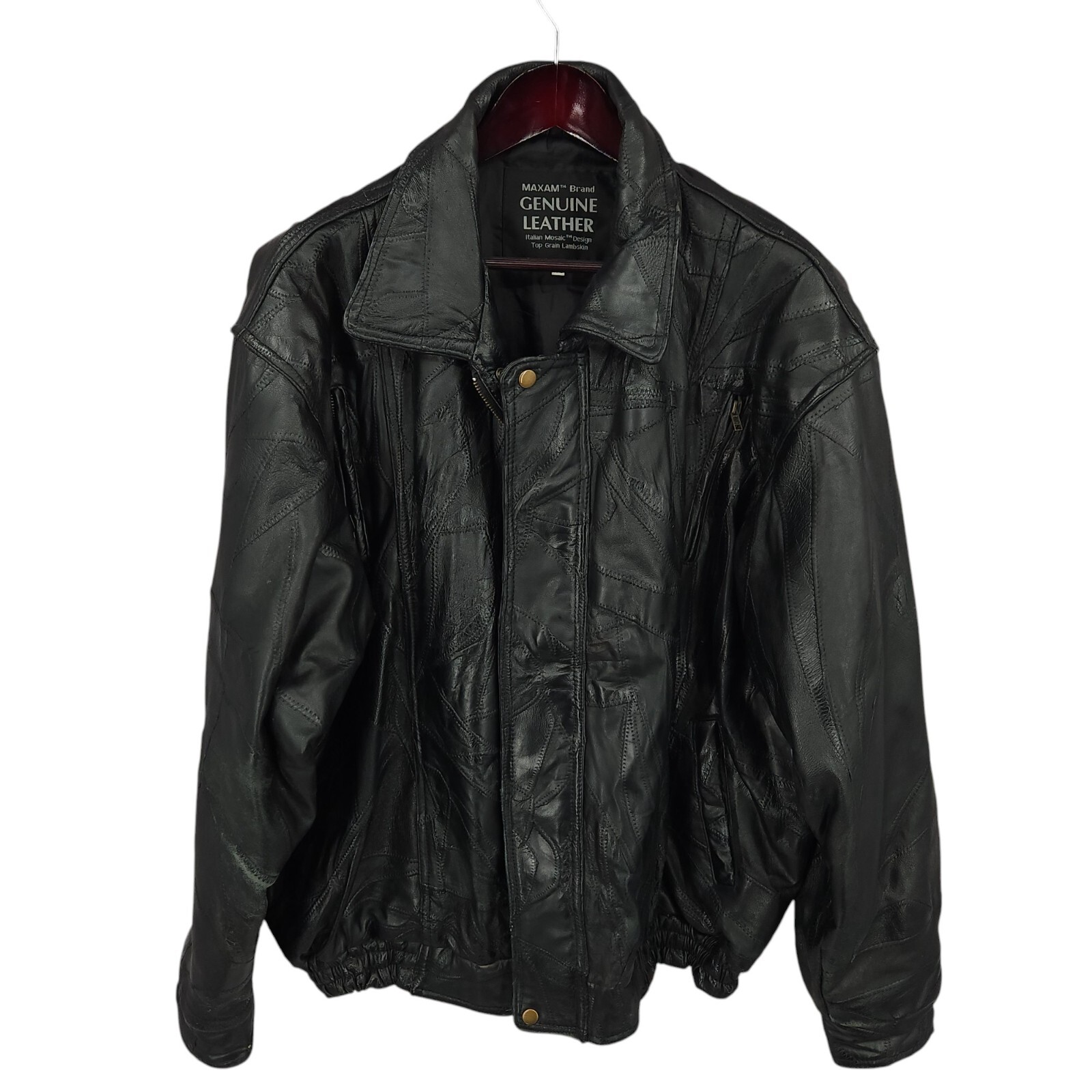 Vtg Maxam Jacket Mens 2XL Black Italian Mosaic Lambskin Genuine Leather Biker