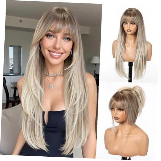 Long Straight Wigs for Women Layered Synthetic Wig with Bangs Color Ash Blonde