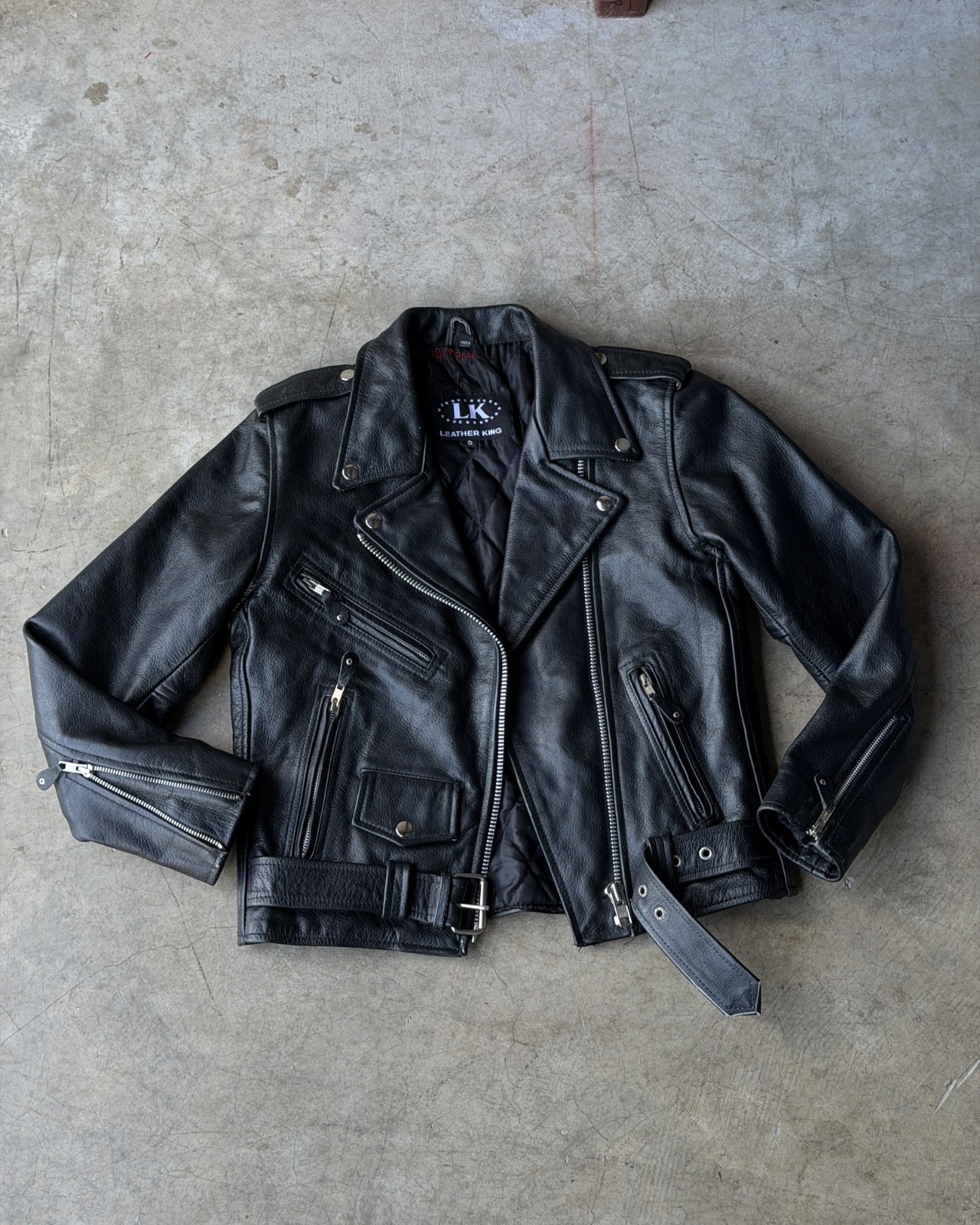 Leather King Moto Biker Jacket Mens S Black Belted Asymmetric Zip Cuffs Epaulets