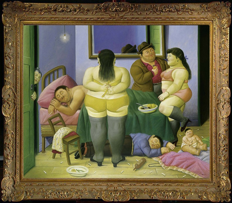 Hand Painted Oil Painting Botero Style Interior Family Scene Figurative Canvas Hand Painted Oil Painting Botero Style Interior Family Scene Figurative Canvas