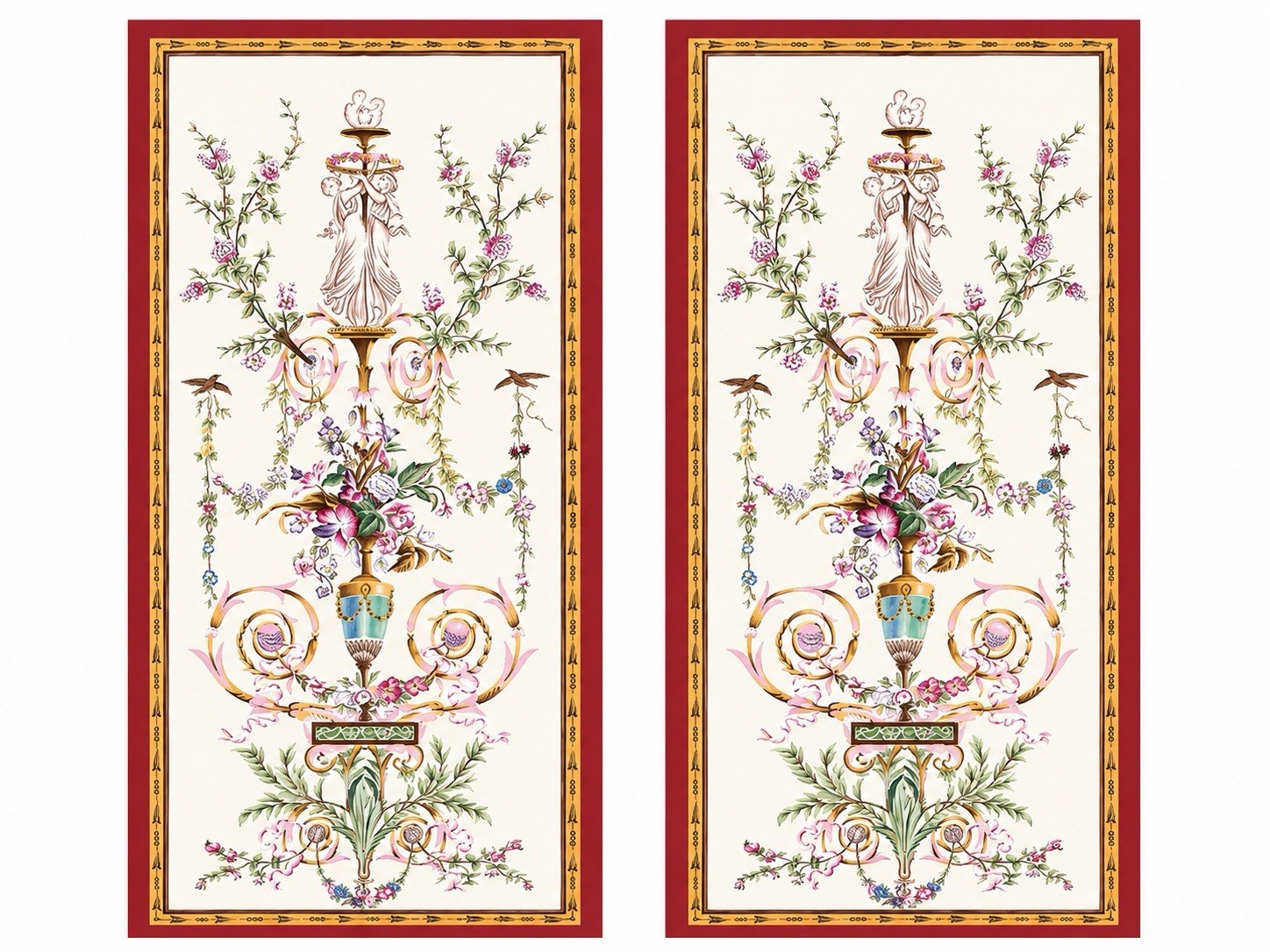 Pair Hand Painted Watercolor Rococo Panels Chinoiserie Floral Urn Cherub Motif Pair Hand Painted Watercolor Rococo Panels Chinoiserie Floral Urn Cherub Motif