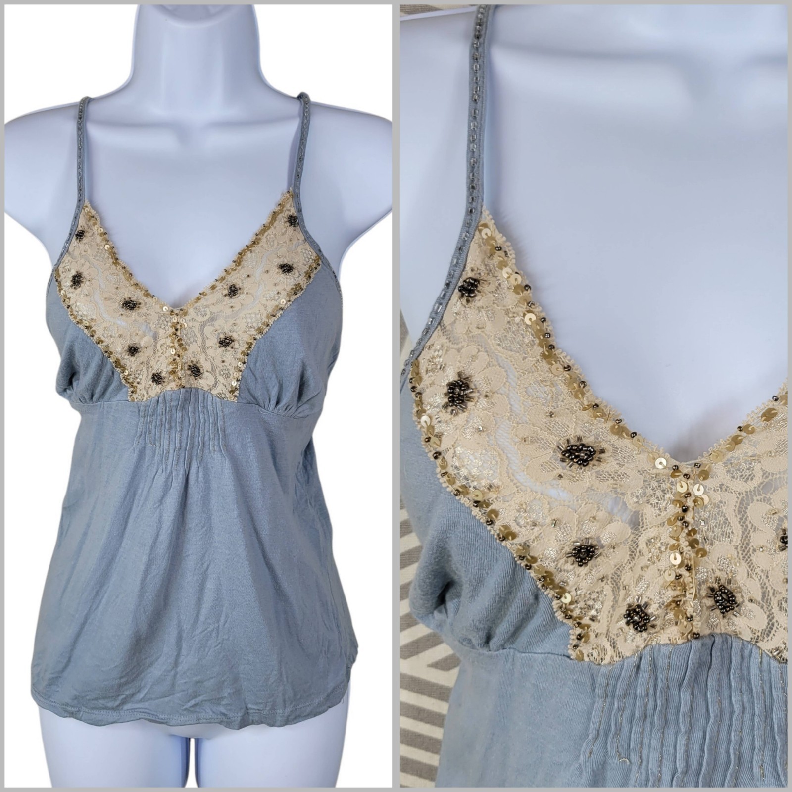 Xhilaration Babydoll Cami Tank Top Medium Beaded Lace Stretch Y2K Vintage Fairy 