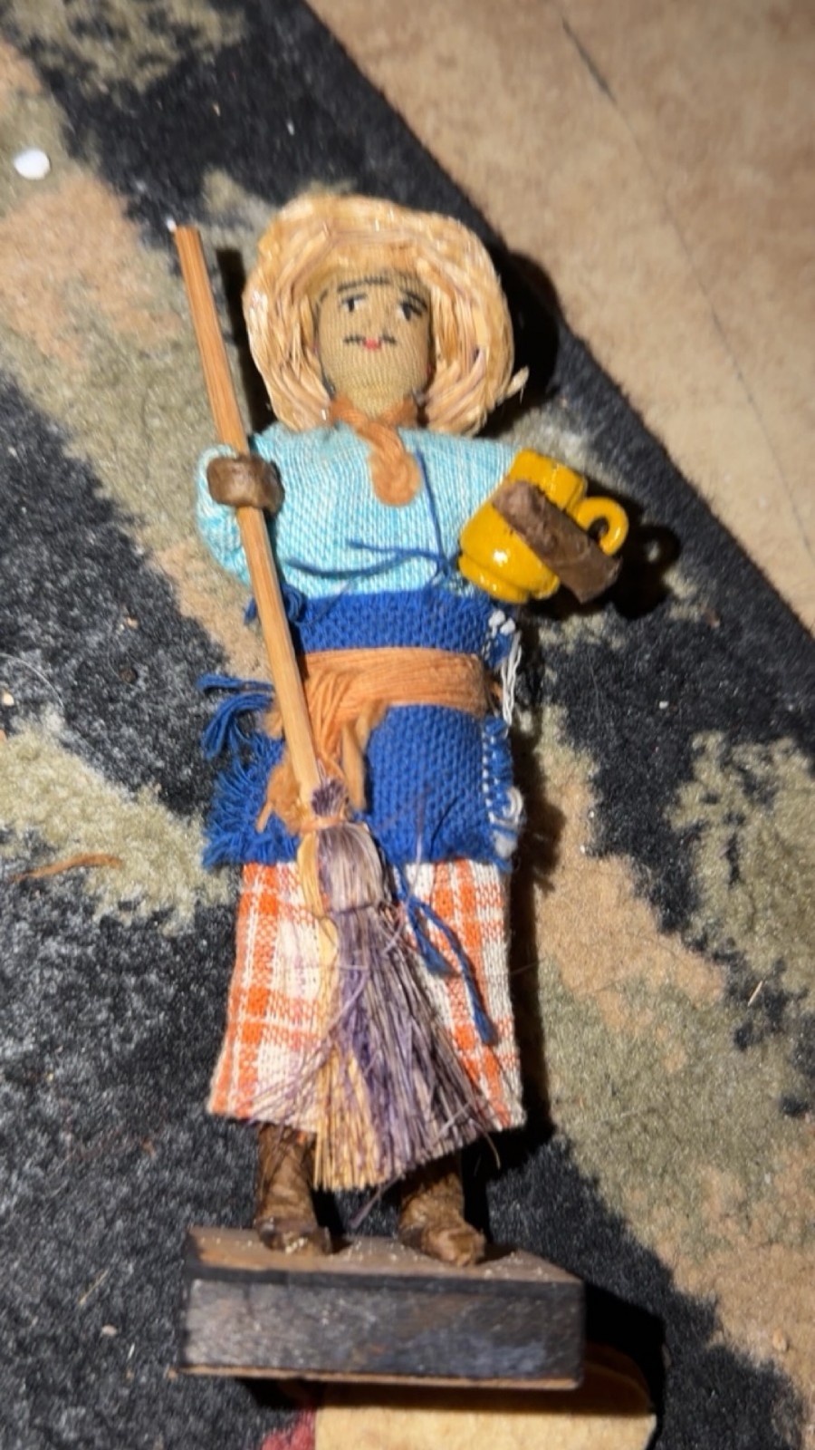 Vintage Folk Art Cloth Peasant Figure Straw Hat Stick Cup Handmade Wood Base