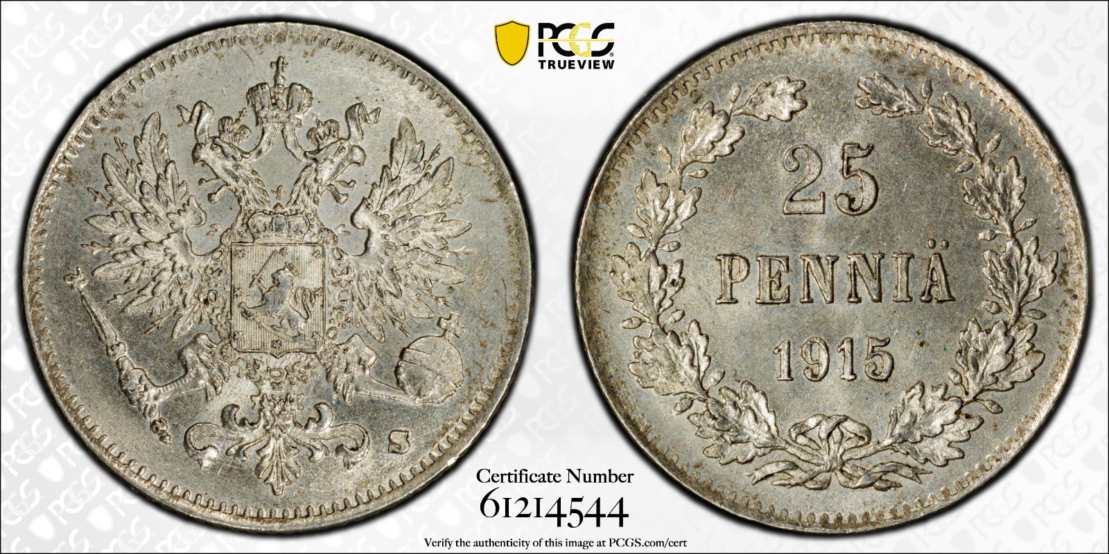 1915-S Finland 25 Pennia – PCGS MS65 – Silver – KM#6.2 – Helsinki Mint