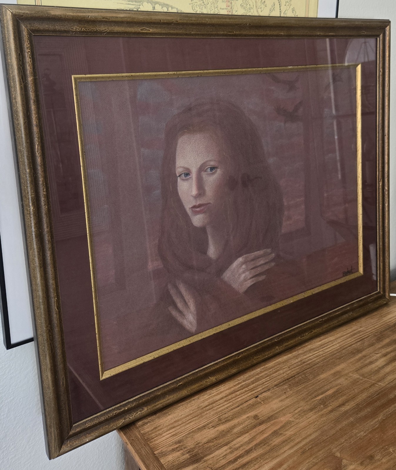 Brooke Kent Signed Figurative Art Veiled Woman Birds Framed Original