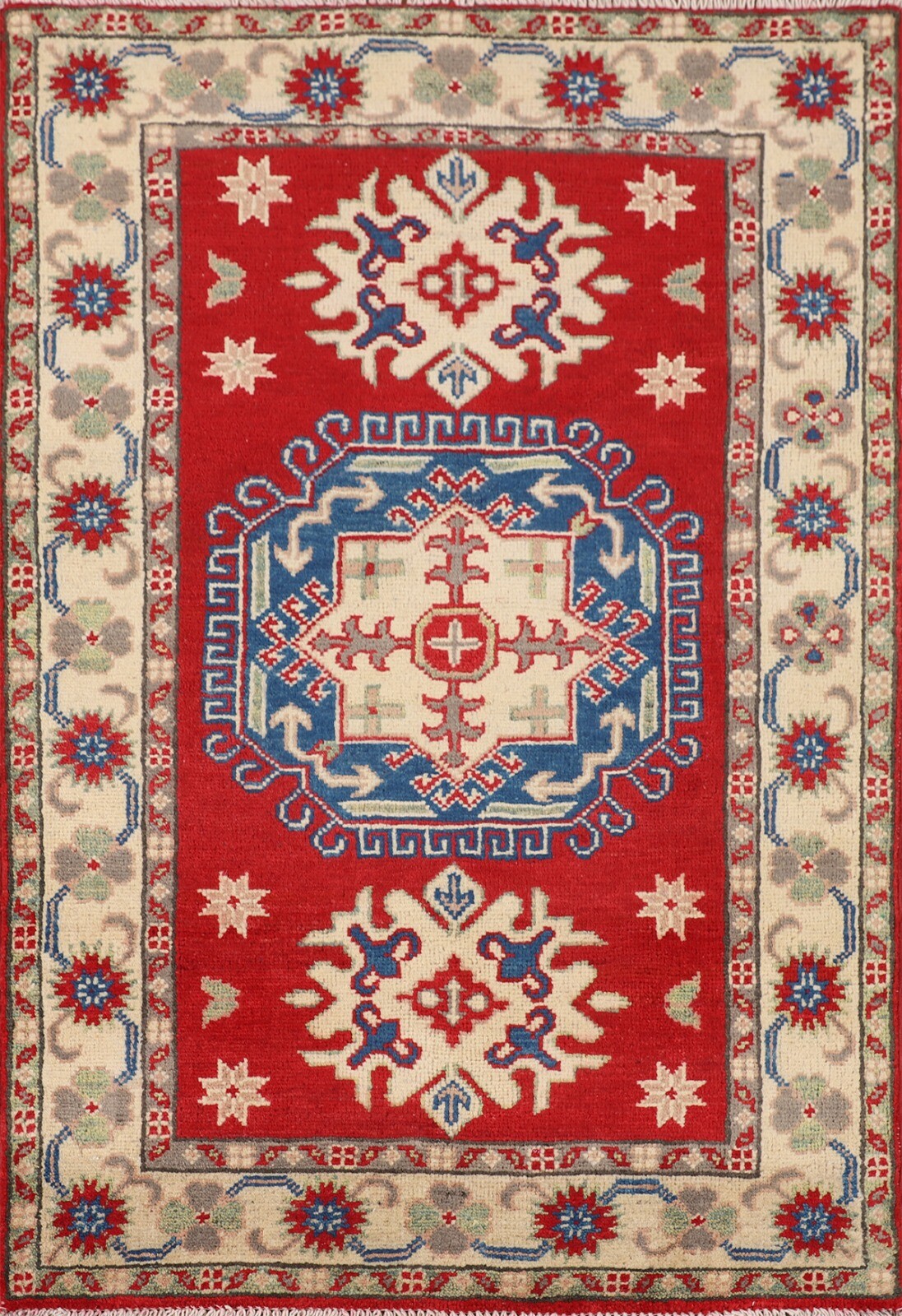 Traditional Hand-made Red/ Ivory Super Kazak Geometric Oriental Accent Rug 3'x4'