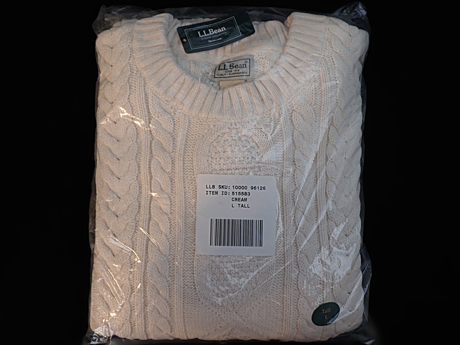 NWT L.L.Bean Cream Organic Cotton Fisherman Cable Knit Sweater Mens LARGE TALL