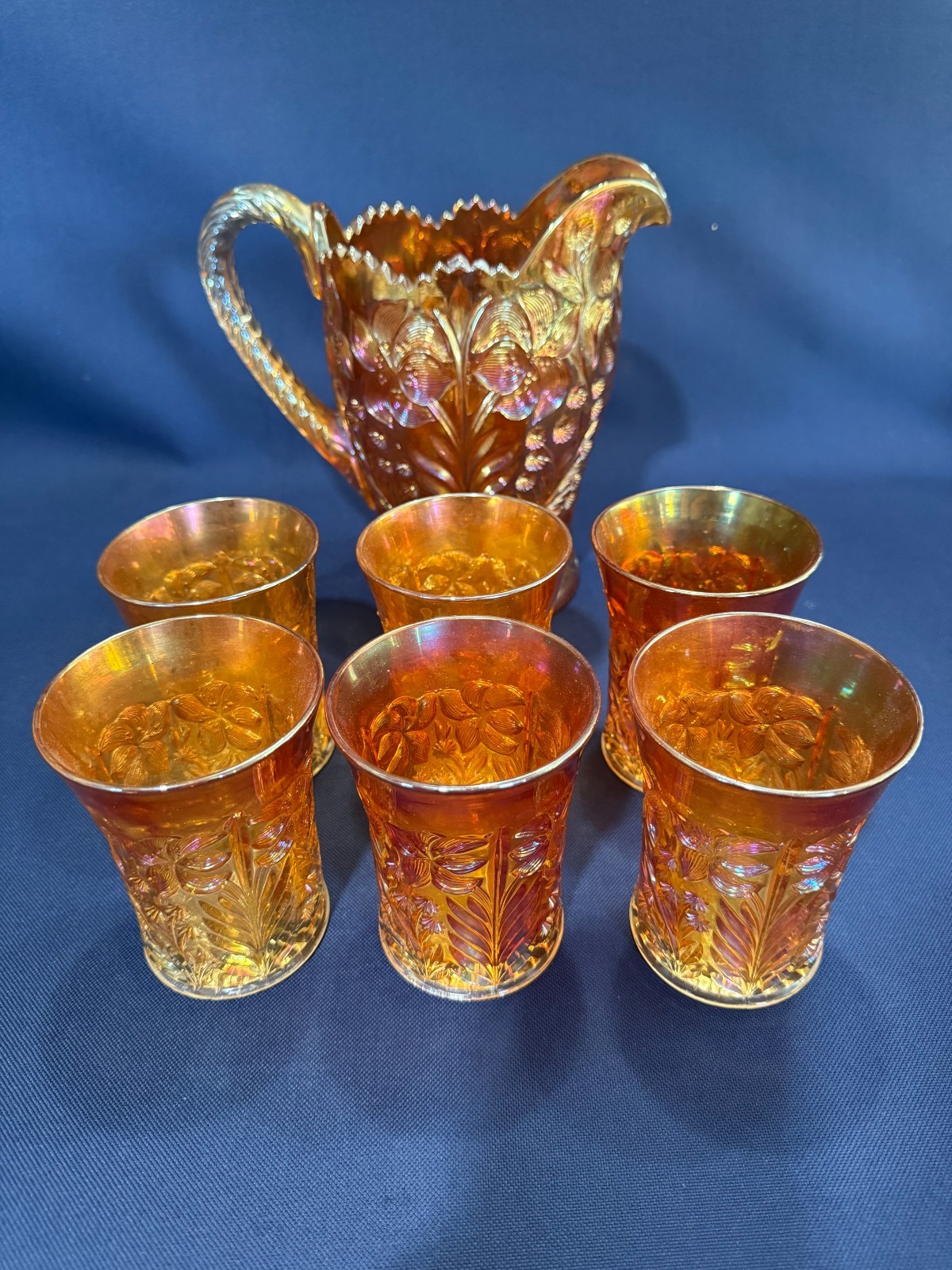Antique Edwardian IMPERIAL Carnival Glass water/juice set TIGER LILLY c.1910-12