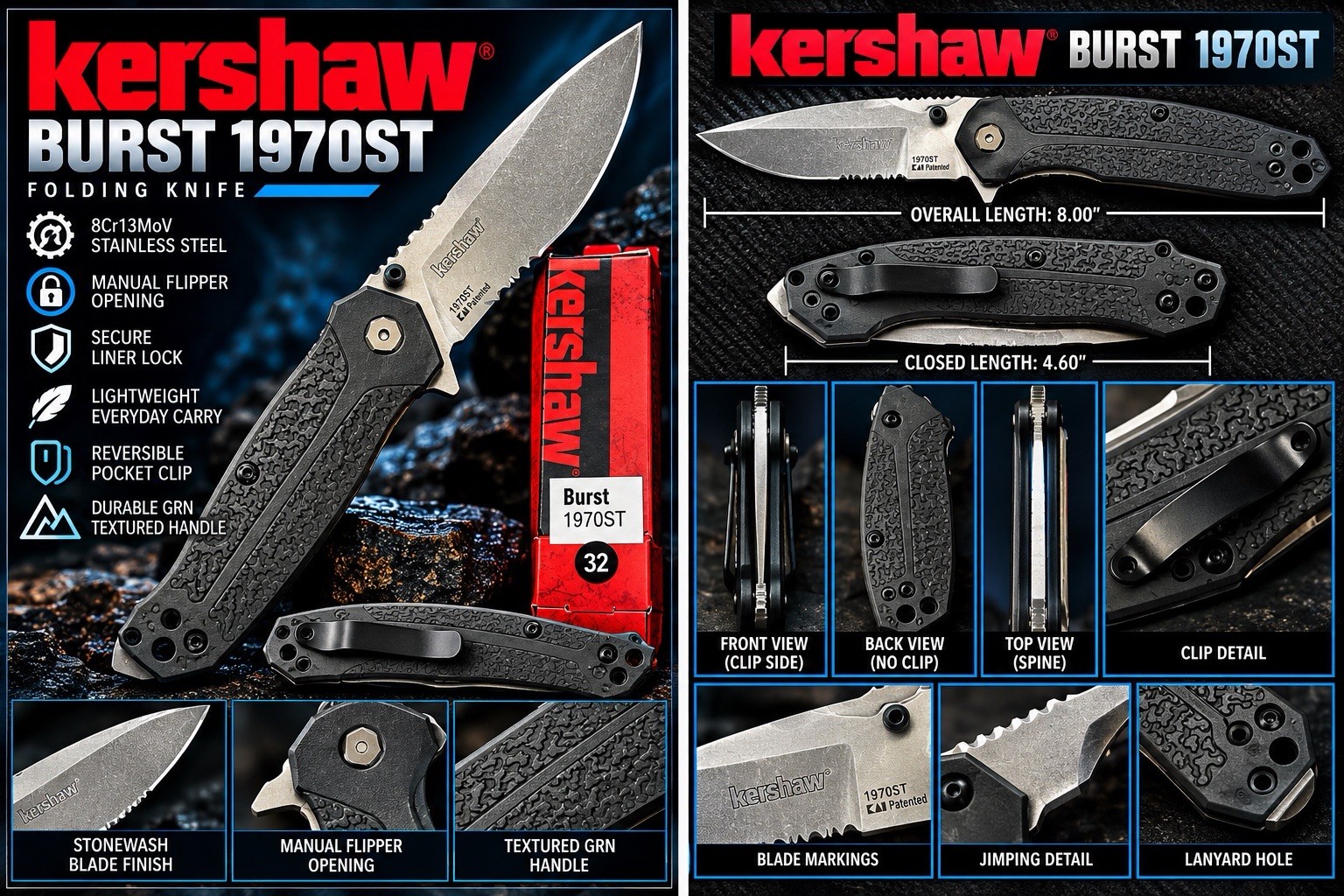 Kershaw Burst 1970ST SpeedSafe Assisted Serrated Folding Knife 3” w/ Box Kershaw Burst 1970ST SpeedSafe Assisted Serrated Folding Knife 3” w/ Box
