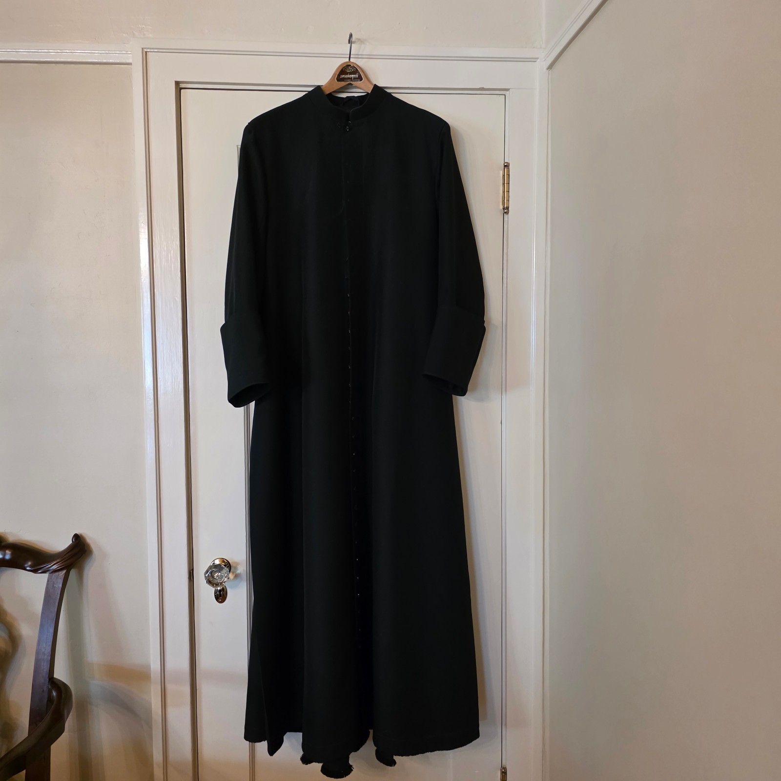 Cassock, clergy, black, J&M, made-to-measure in England, with cincture/fascia Cassock, clergy, black, J&M, made-to-measure in England, with cincture/fascia