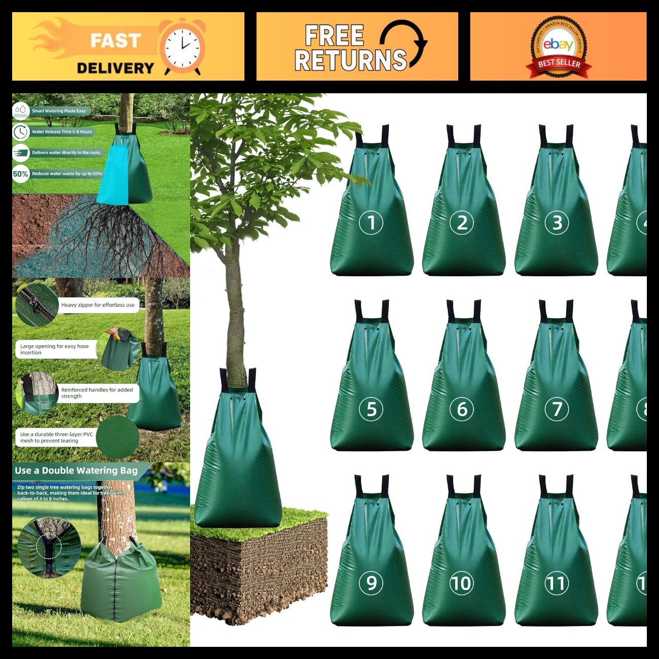 12 Pack Heavy Duty 20 Gallon Tree Watering Bags - Slow Release Irrigation, Reusa