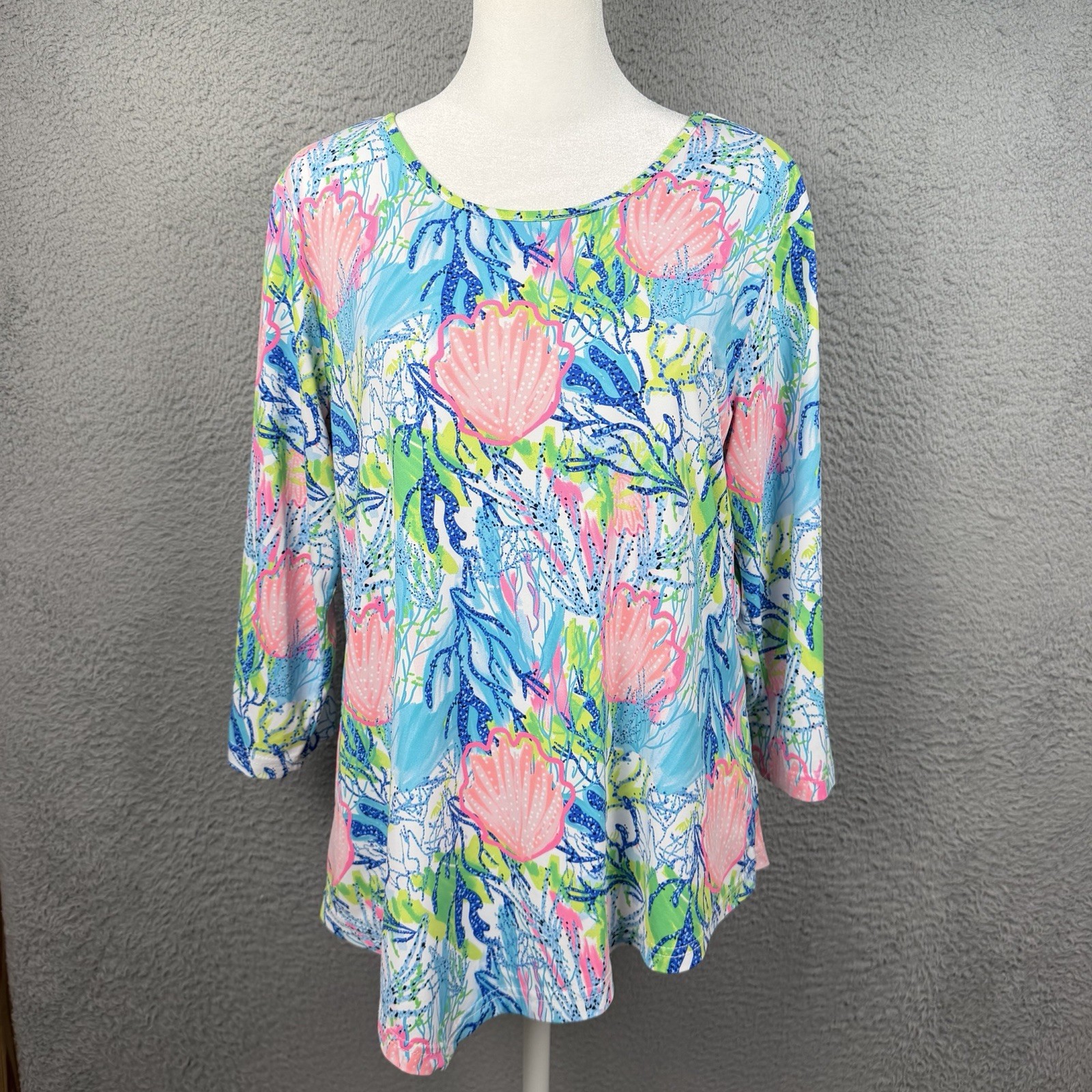 Lulu B Top Womens Medium Multicolor Corals Sea Shell 3/4 Sleeve Asymmetrical Hem