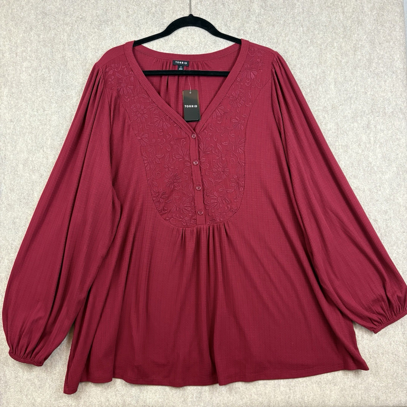 Torrid 3X 22-24 Blouse NWT Burgundy Floral Embroidered Boho Peasant Top