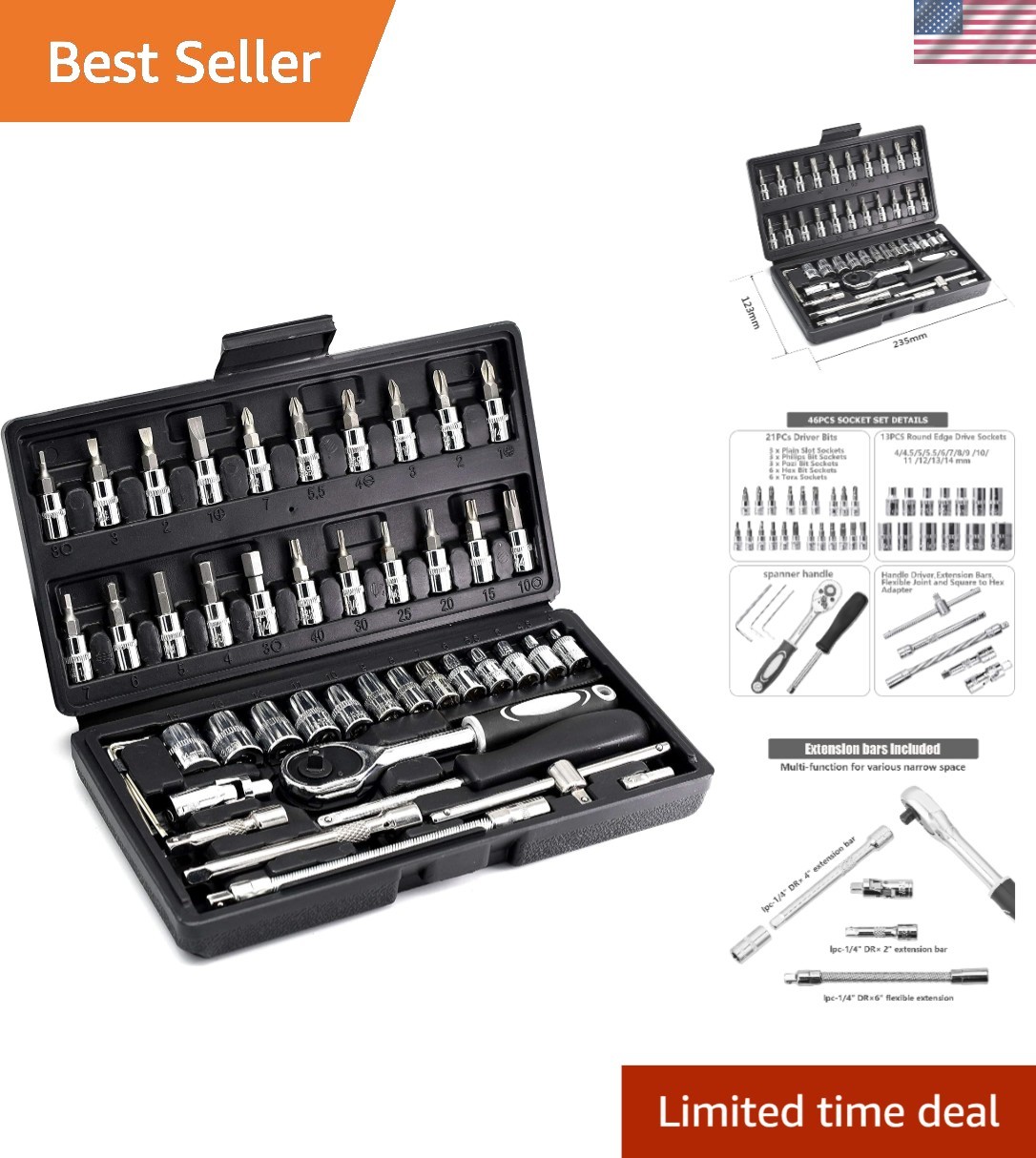 All-in-One 46-Piece Metric Ratchet Wrench Set with Sockets & Extension Bars