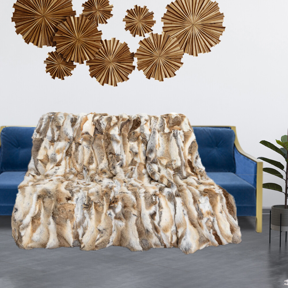 Real Fur Throw Luxury Rabbit Blanket Sofa Warm Bedspread Straw Yellow 140x160cm