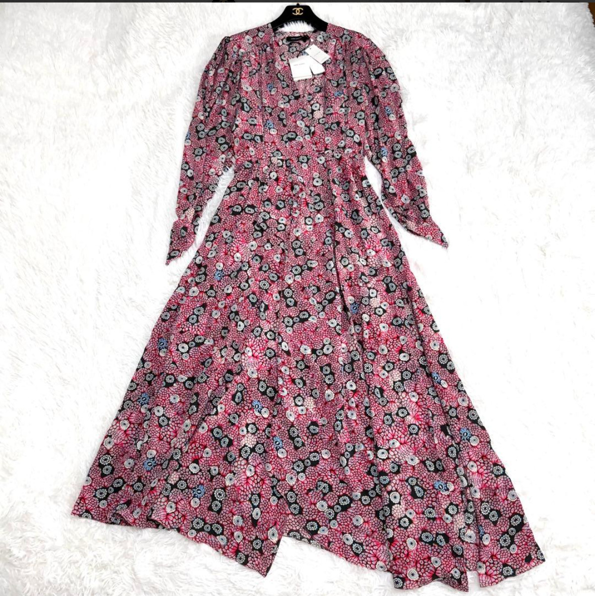 Isabel Marant Silk Floral Wrap Maxi Dress Long Sleeve Pink Black Size 36 NWT