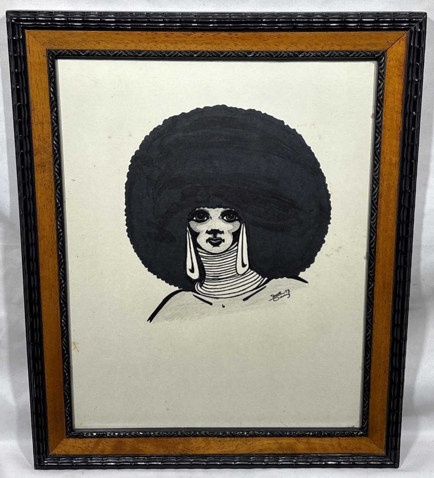 Vintage Original 1973 Ink Portrait African American Woman w/ Large Afro Signed