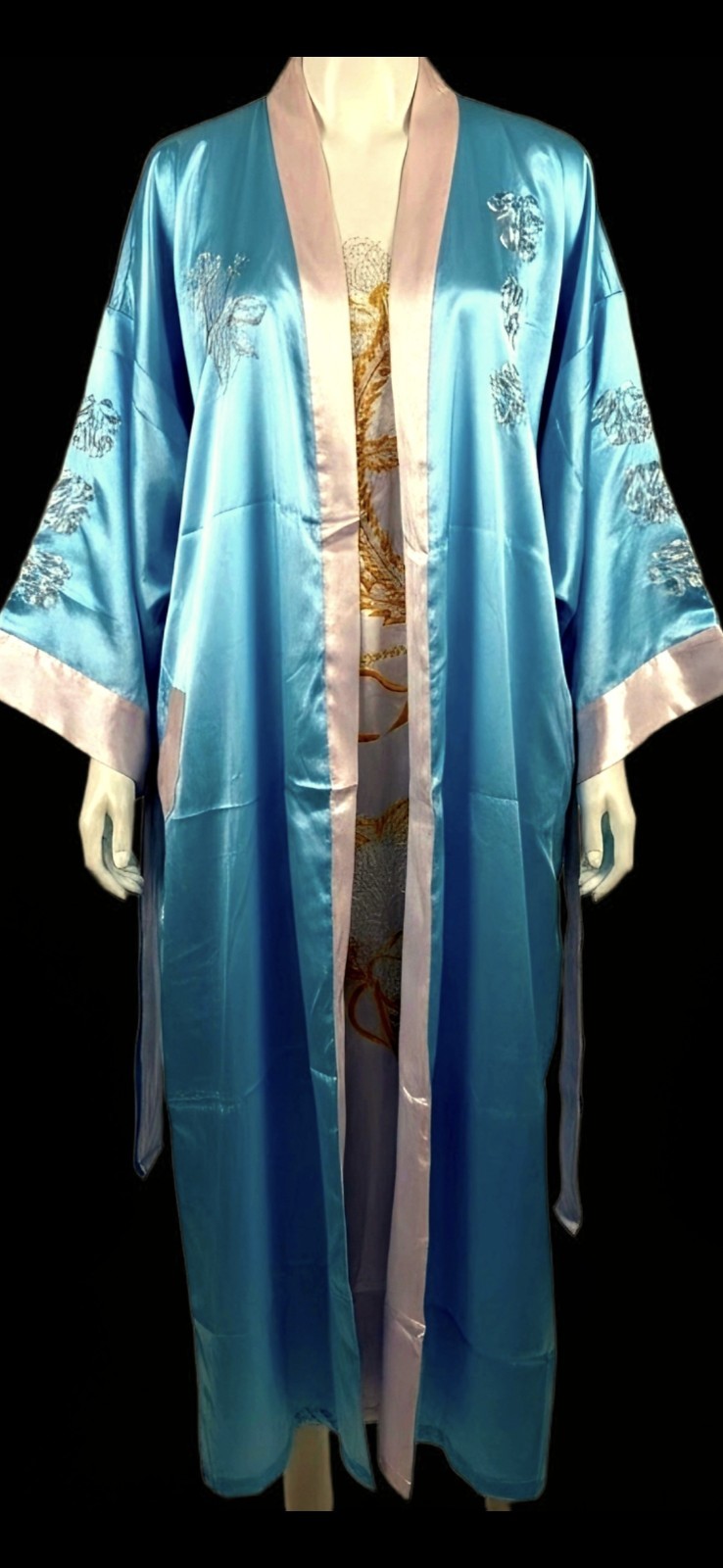 ORIENTAL REVERSIBLE KIMONO ROBE with BEAUTIFUL.   EMBROIDERY- full length unisex