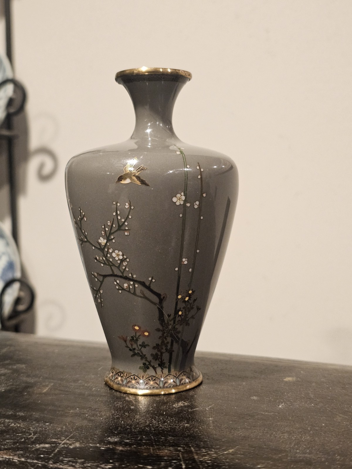 Ando Jubei Marked Japanese Gray Cloisonne Vase Gold Wire Japan Ando Jubei Marked Japanese Gray Cloisonne Vase Gold Wire Japan