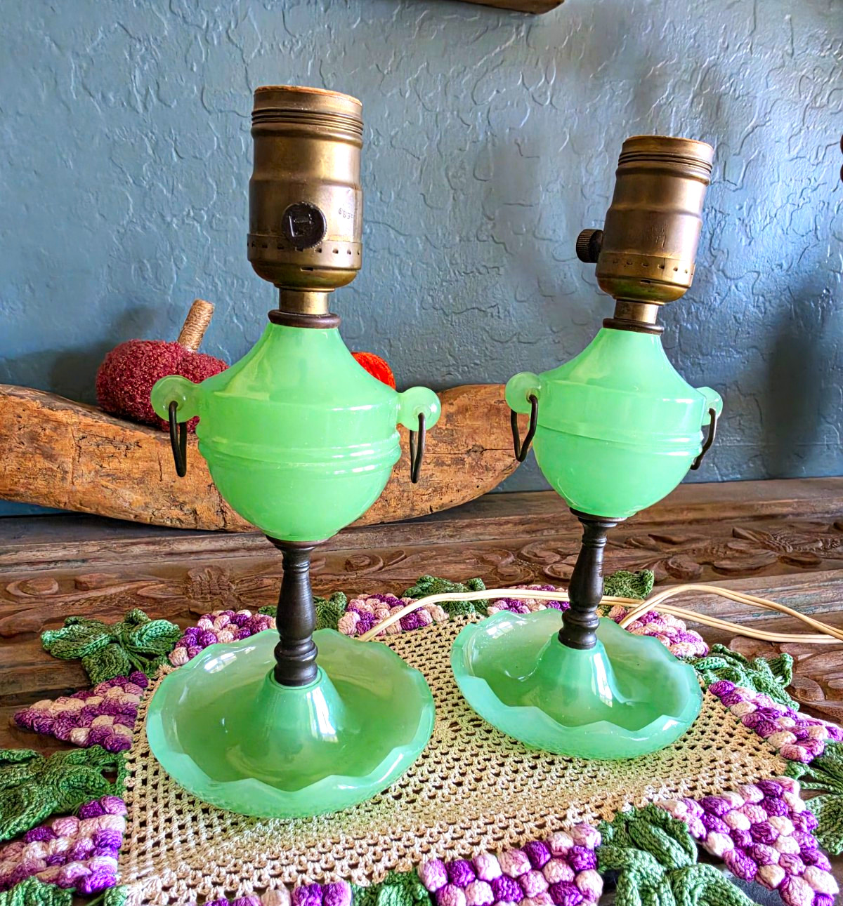 Stunning Pair 1930s Green Jadite Boudoir Lamps