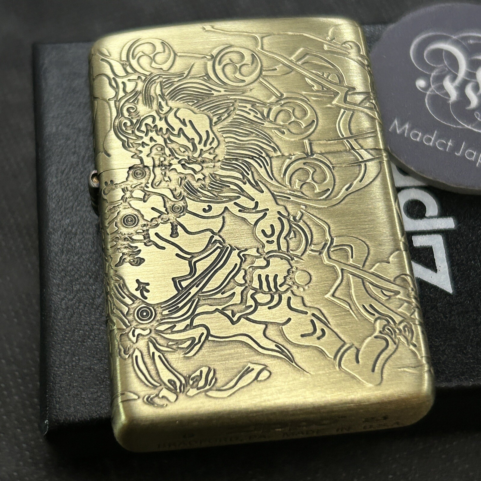 Zippo Oil Lighter Fujin Raijin Antique Brass Gold Regular Case Japan