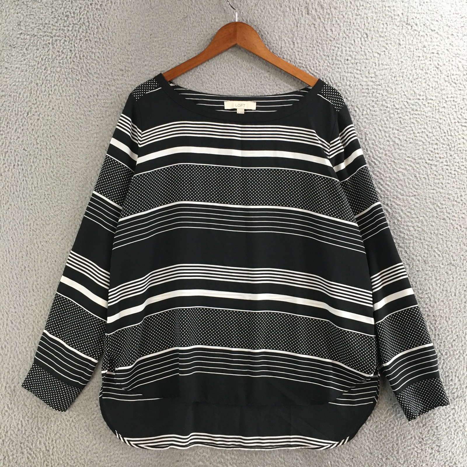 LOFT Mixed Print Stripes Polka Dot Blouse Women XL Black White Long Sleeve Top