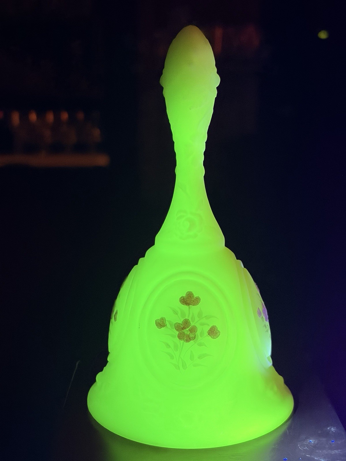 Vintage Fenton Custard Satin Uranium Glass Hand Painted Medallion Flower Bell Vintage Fenton Custard Satin Uranium Glass Hand Painted Medallion Flower Bell