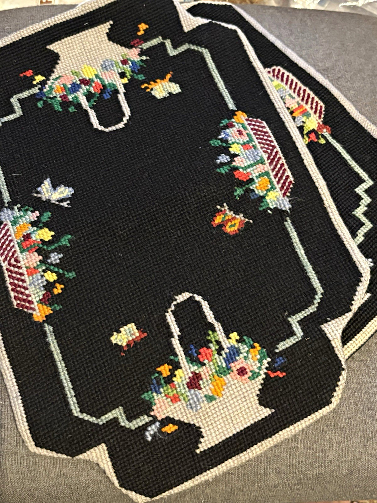 Vintage handmade Needlepoint Floral Basket Place Mats Set of 2, Black Background Vintage handmade Needlepoint Floral Basket Place Mats Set of 2, Black Background