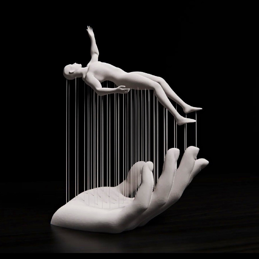 White Hand Holding Dangling Human Figure Sculpture, Freestanding Modern Decor White Hand Holding Dangling Human Figure Sculpture, Freestanding Modern Decor