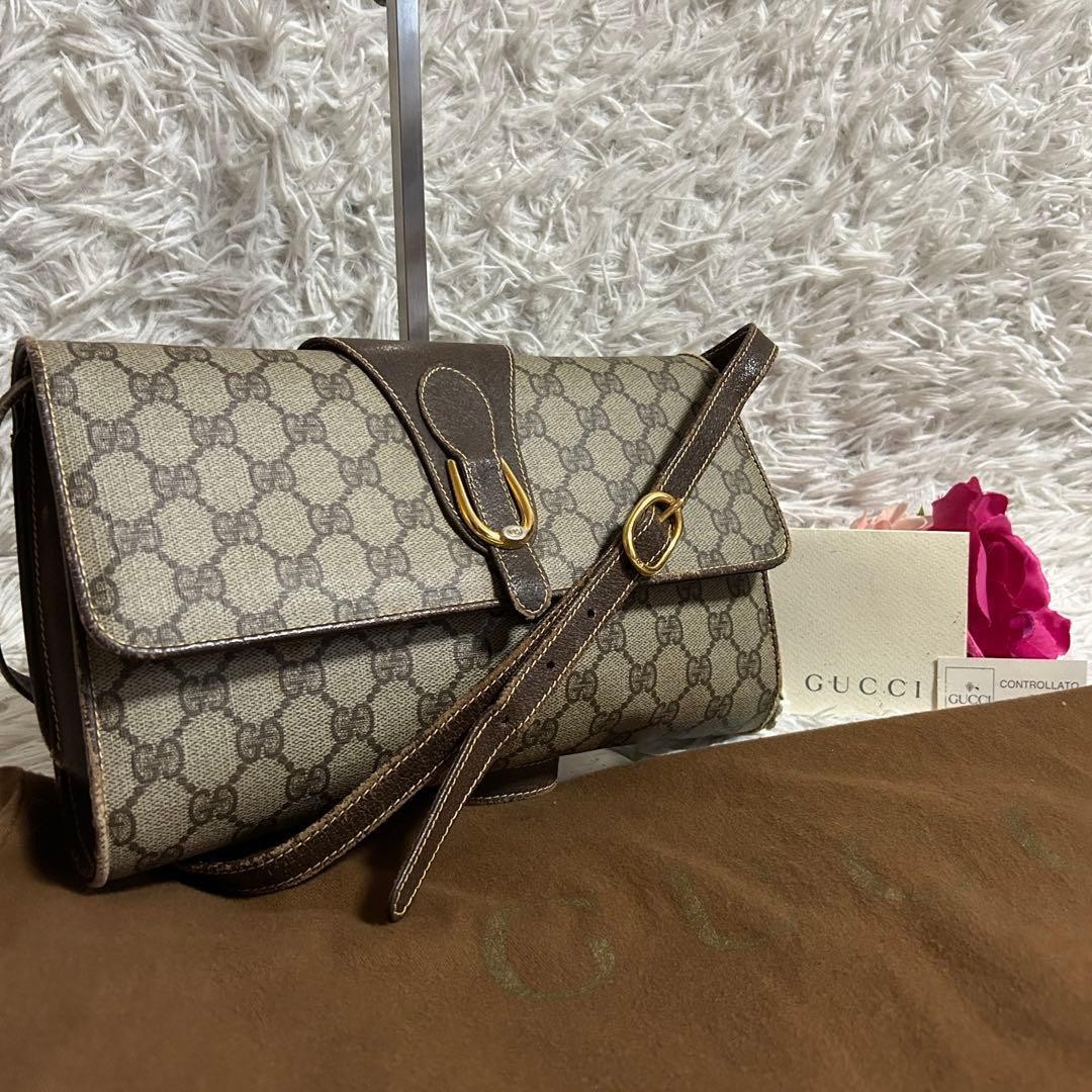 Gucci GG Leather Shoulder Bag Beige Brown Authentic Classic Crossbody