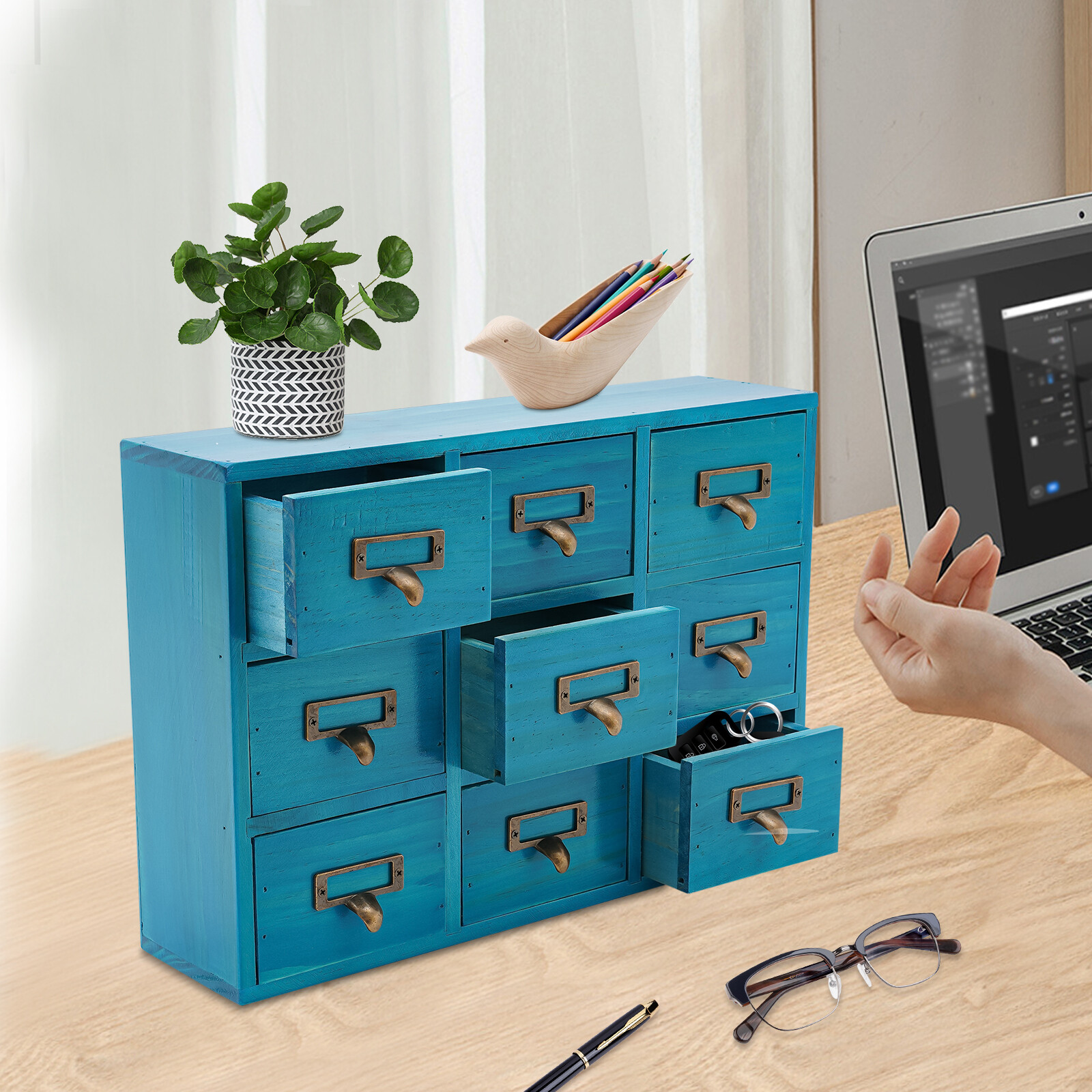 Rustic Blue Wooden Apothecary Cabinet,9-Drawer Tabletop Storage Organizer Holder