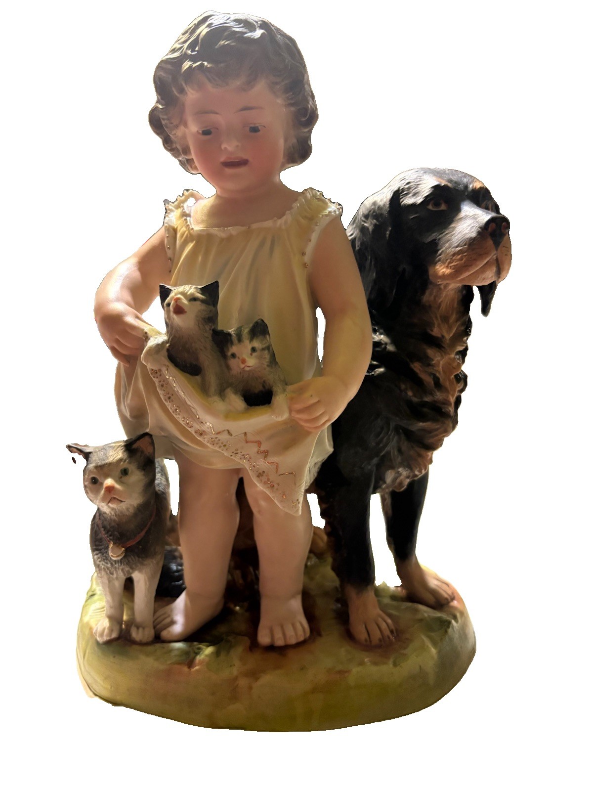 Antique Victorian Bisque Figural Group The Animal's Rescue Heubach Girl Dog Cats