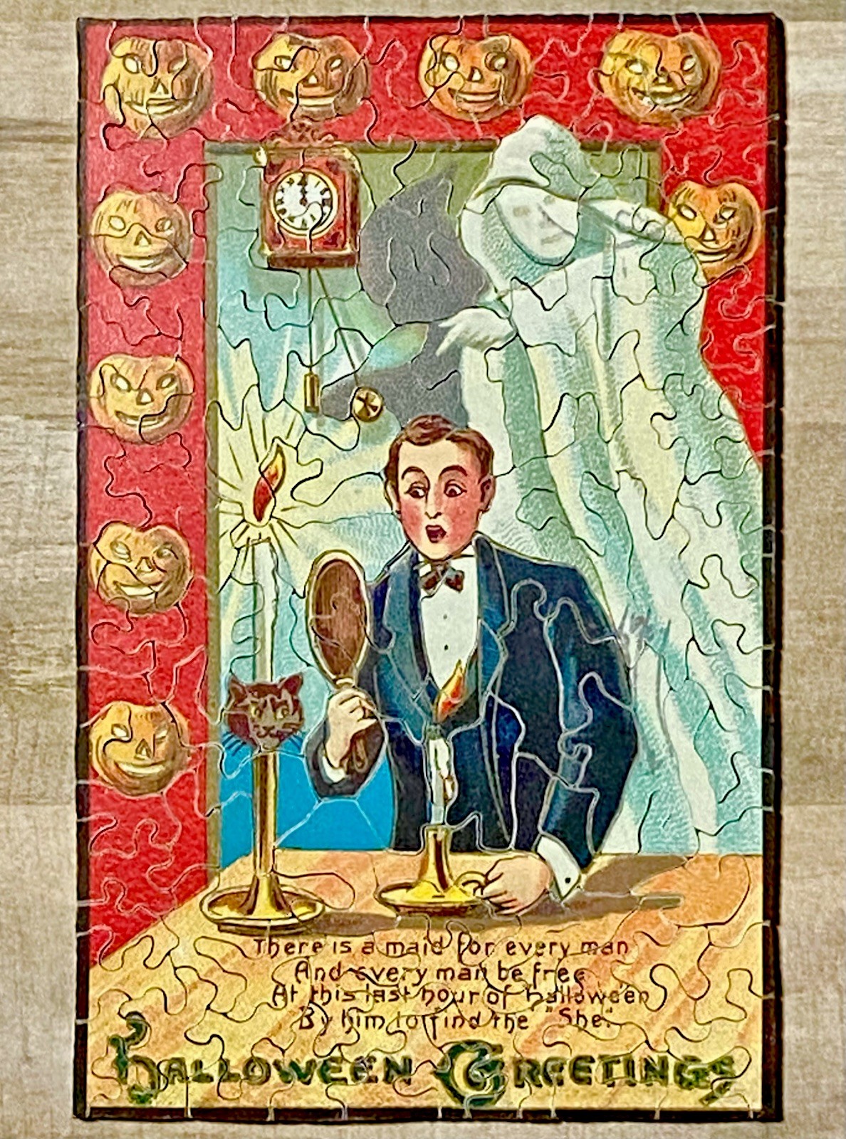 HAND-CUT Wooden Puzzle 127 Pc Color-Line Cut Antique Halloween Postcard Art #177
