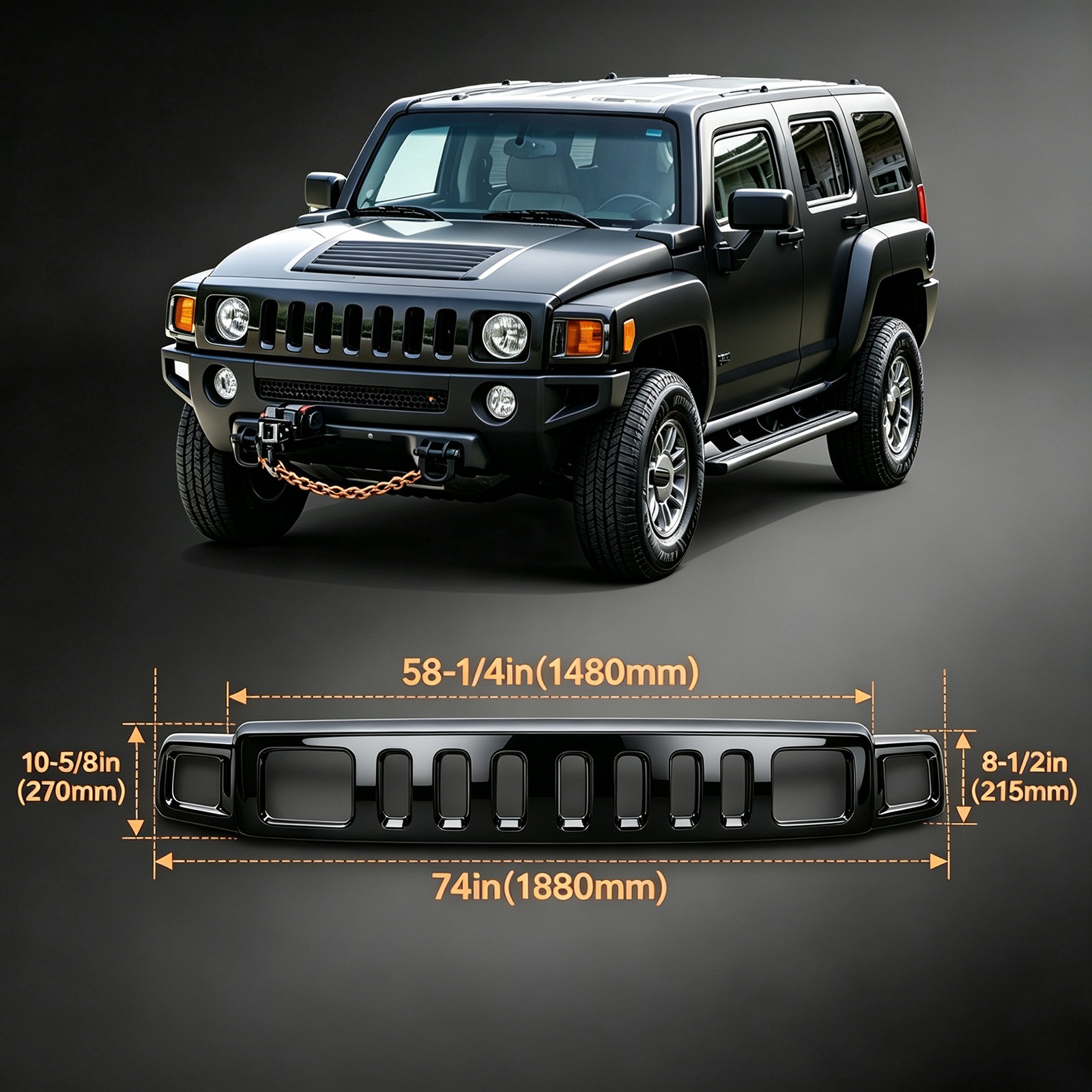 For 2006 2007 2008 2009 2010 Hummer H3 H3T Front Bumper Upper Grille Gloss Black